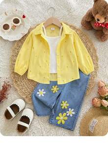 SHEIN Blouse à manches longues jaune décontractée pour jeune fille avec imprimé citron et rayures verticales, chemise élégante et confortable, accessoires jaunes pour fille - Jaune citron - Voir 8