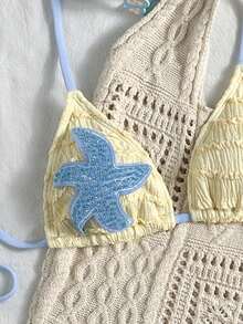 Elavelle Sweet Yellow Ruffle Bikini Top With Shiny Starfish Applique, Halter Neck Swimwear, Suitable For Pool Party - Yellow - View 7