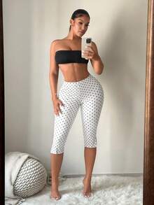 SHEIN SXY 女款波點印花高腰開衩七分褲 - 黑與白 - 查看 4