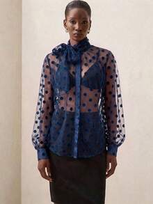 Briarwyn Women's Polka Dot Mesh Tie Neck Long Sleeve Loose Sheer Blouse - Navy Blue - View 4