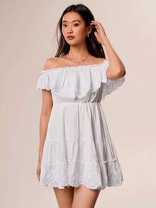 Willow Rêve Women's White Embroidered Ruffle Trim Bandeau Mini Dress, Romantic Cottage Core Vacation Style, Boho, Valentine's Day, Elegant Short, Summer Dresses - White - View 6