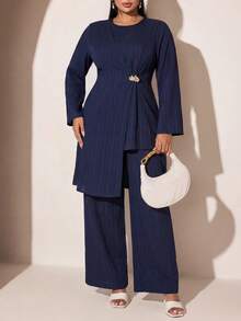 Veilorie Plus Size Solid Color Wrap Top And Pants 2 Pieces Set - Blue - View 5