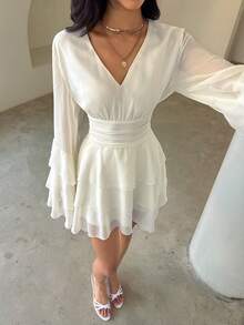 Aloruh Boho Romantic Tropical European Elegant White Deep V-Neck Multi-Layer Hem Bell Sleeve Fitted Waist Mini Dress For Women Wedding Vacation Beach Fall - Apricot - View 5