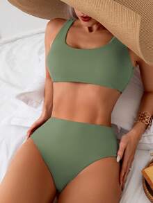 Bonvoyette 女款夏季海灘純色休閒比基尼兩件式泳衣套裝 - 軍綠色 - 查看 3