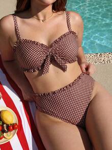 Swim Mod 2026 Plus Size Women 2 Pieces Vintage 1960s 1920s Polka Dot Print Bandeau Lace Trim Separates Swimwear Set, Beach Party Vacation, Summer Holiday Pearl - Multicolor - View 4