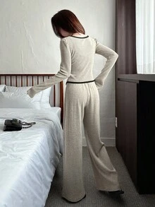 Dazy Tall Setelan Wanita 2 Potong Elegan: Atasan Lengan Pendek dan Celana Panjang Longgar dengan Motif Patchwork Colorblock, Set Pakaian Santai untuk Wanita - Aprikot - View 2