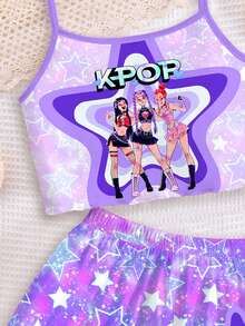 少女休閒簡約卡通女團印花 K-Pop 超級巨星 紮染細肩帶背心上衣與短褲家居套裝，適合夏季 - 彩色 - 查看 5