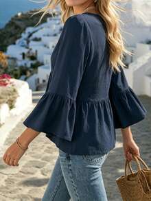 EMERY ROSE White V-Neck Ruffle Sleeve Women's Casual Shirt - Navy Blue - View 2