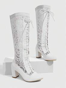Daringsoles Women's Lace-Up Design PU Leather Daily Versatile Fashion Over-The-Knee Boots - White - View 1