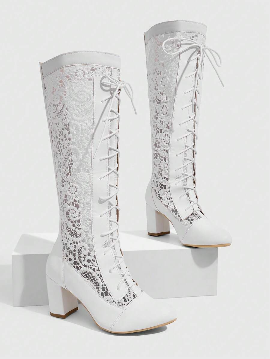 Daringsoles Women's Lace-Up Design PU Leather Daily Versatile Fashion Over-The-Knee Boots - White - View 1