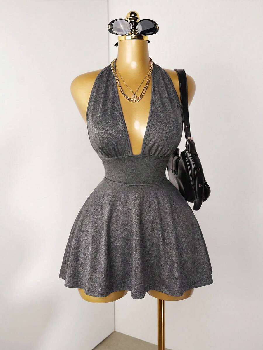 Mistrie Black Tight-Fitting Romper With Deep V-Neck, Backless Strap - Dark Grey - View 1