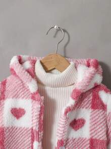SHEIN Explorewe 女童愛心格紋印花抓絨內裡拉鍊外套，秋冬外套 - 粉色 - 查看 3