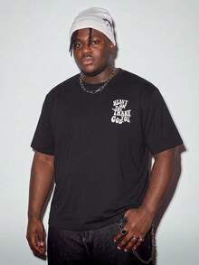Modcrash Plus Size Men's Letter Print Lightweight Crew Neck Short Sleeve T-Shirt - Black - View 7