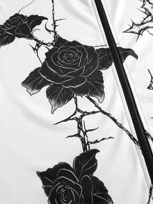 ROMWE MEN 男士拼色印花拉鍊立領長袖夾克美式足球球衣運動衫 - 黑與白 - 查看 3