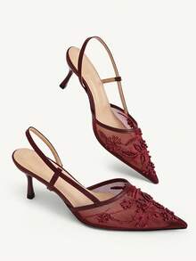 CUCCOO CHICEST Women Shoes Spring And Summer New Models, Mesh Embroidered Backspace Sandals, Pointed Toes, Stiletto High Heels, Retro Light And Mature Style, Commute - Burgundy - View 6