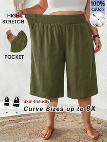 SHEIN CURVE+ 大尺碼女款夏季時尚休閒寬鬆舒適日常黑色純棉及膝寬腿褲，女款下裝，極簡風，寬鬆褲，休閒度假穿搭 - 軍綠色 - 查看 9