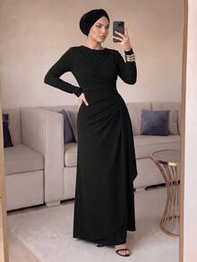 SHEIN Lady CURVE Plus Size Women's Elegant Long Sleeve Pleated Dress, Yellow, Autumn/Winter Fall - Black - View 3