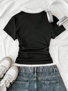 SHEIN 女童皇家藍與白色領針織休閒拼色拼接修身收腰T恤，附小Logo刺繡 - 黑色 - 查看 2