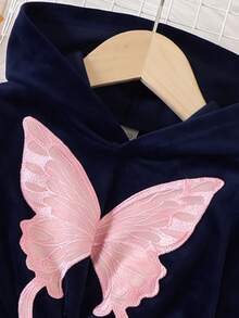 SHEIN Elladie kids Setelan Kasual Sehari-hari 2 Potong untuk Anak Perempuan: Atasan Lengan Panjang Berkerudung dan Celana Motif Kupu-kupu - Navy Blue - View 6