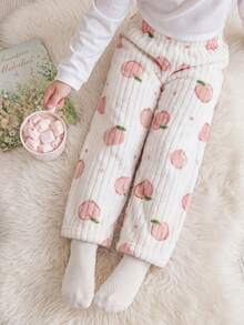 SHEIN Vintaside Kids 3件組女嬰休閒百搭可愛花朵蝴蝶結水果印花毛絨褲，適合秋冬、室內、戶外、度假、日常穿著 - 彩色 - 查看 5