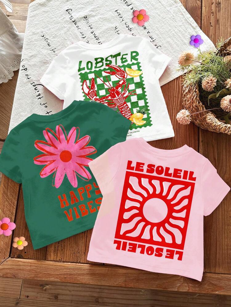 Conjunto de 3 piezas de moda vintage con patrón de dibujos animados de vacaciones, camiseta de manga corta con cuello redondo minimalista casual para niña bebé, adecuada para todas las estaciones, uso diario, escuela, salidas, calle, vacaciones, regreso a casa, nuevo estilo, relajado y elegante - Multicolor - Añade 3