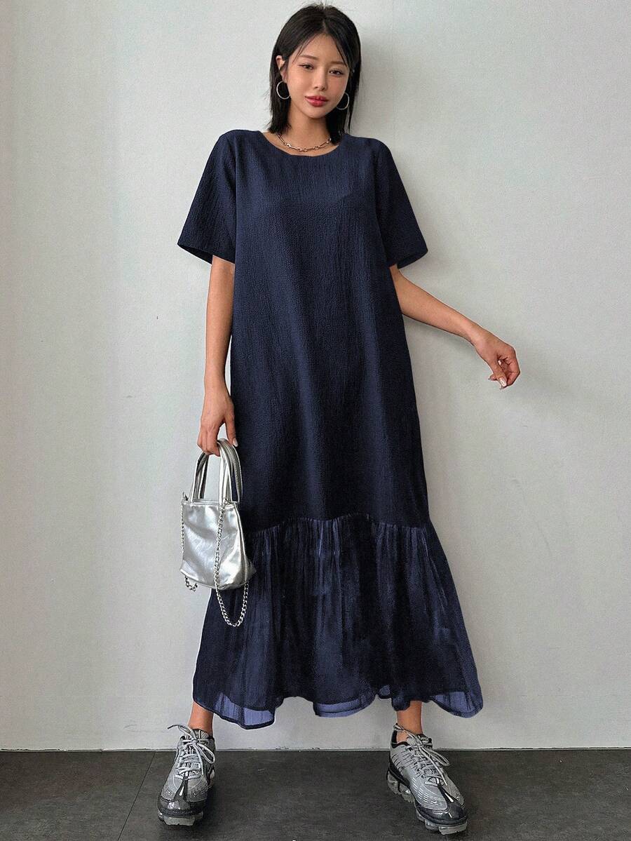 DAZY Summer Short-Sleeve Solid Color T-Shirt Dress With Fish-Tail Hem And Round Neck, Ruffle Dress - Navy Blue - View 1