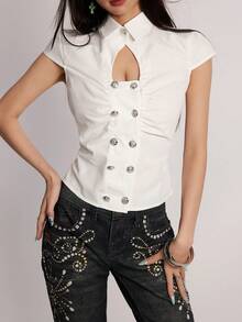 Rina Fox Women's Solid Color Pleated Hollow Out Casual Versatile Daily Wear Shirt - White - View 2