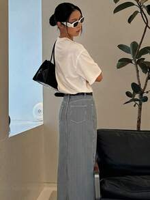 DAZY 女款做舊水洗褪色長款開衩口袋牛仔裙 - 藍色 - 查看 2