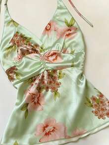 SHEIN Top elegante romántico retro con estampado floral y decoración de pedrería, cuello halter y silueta A para mujer - Multicolor - Ver 3