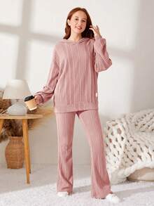 SHEIN Teen Girl Woven Label Knitted Fuzzy Ribbed Hoodie Autumn Top And Flared Long Pants Casual 2 Pieces Set - Pink - View 5