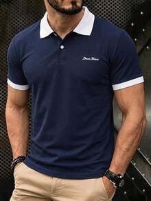HIMLAND Men Contrast Color Letter Short Sleeve Casual Business Polo Shirt, Vacation, Father's Day Gifts, Football - Navy Blue - View 5