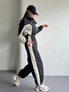 Dazy Tall Women's Colorblock Patchwork Short Jacket And Loose Long Pants Street Casual 2 Pieces Set Fall - Black - View 10