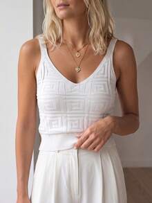 Sprig & Strand Summer Solid Color V-Neck Sleeveless Knitted Top With Wide Straps - White - View 5