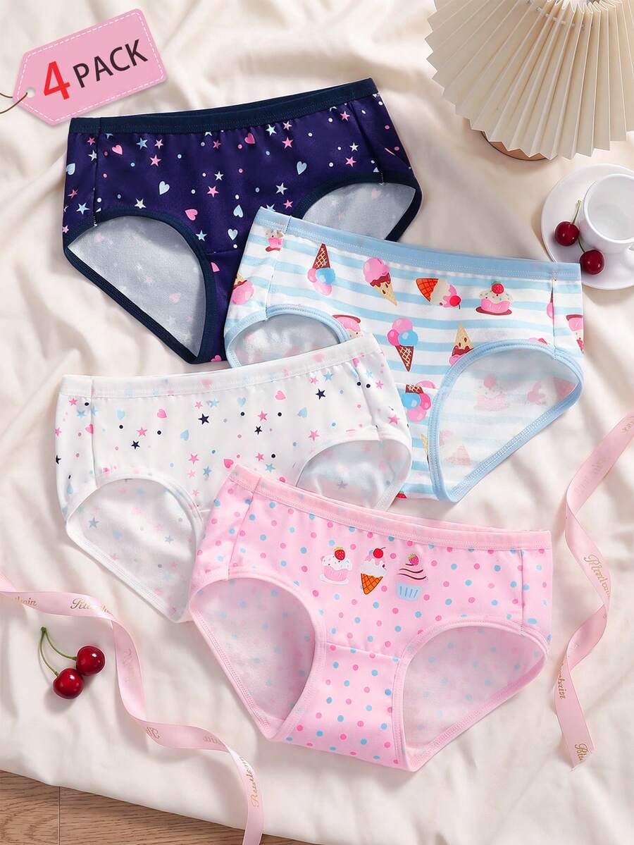 SHEIN 4件組女童幼兒內褲,甜點蛋糕印花組合系列,粉色與藍色調,柔軟光滑質感,針織布料製成,高彈性內褲套裝,適合日常基本需求、運動穿著,親膚舒適,四季輕便衣物 - 彩色 - 查看 1