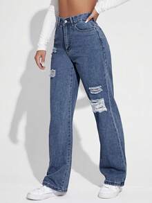 SHEIN EZwear 女士休闲时尚街头日常通勤破洞直筒牛仔裤 - 藍色 - 查看 4