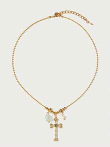 Glisma Collier pendentif croix plaqué or 18 carats, élégant/premium/old money/chic, été/plage/bal/soirée, superposé/pierre précieuse/perles/cristaux, sexy/vintage - Or jaune - Voir 4