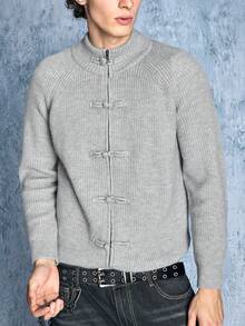 ROMWE MEN Men's Frog Button Raglan Long Sleeve Casual Knit Cardigan - Light Grey - View 3