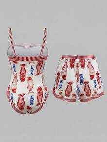 Swim Oasis 女款字母魚紋印花連身泳衣與短褲套裝，適合海灘度假、泳池派對、海灘派對 - 彩色 - 查看 2