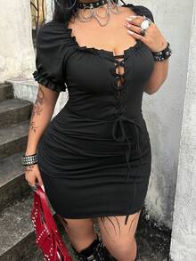 Whyspr Plus Size Dark Black Lace-Up Dress - Black - View 5