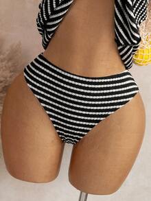 Swim Mod 夏季新款性感修身露背條紋抹胸兩件式比基尼套裝，荷葉邊上衣、三角比基尼泳褲、聚攏式吊帶比基尼泳衣，女款甜美女孩風，適合溫泉、海灘、度假、生日派對坦克尼 - 黑色 - 查看 6