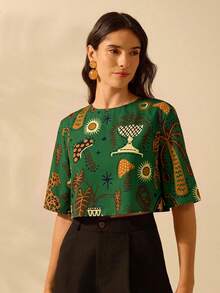CAJUNI Women's Boho Tropical Animal & Plant Colorful Print, Vacation Casual Summer Crop Top - Dark Green - View 4