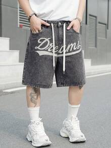 Manfinity EMRG 男士街頭風休閒刺繡深灰色牛仔短褲 - 深灰色 - 查看 5