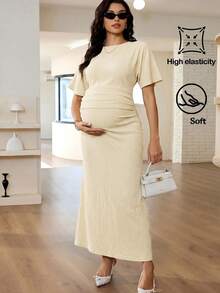 MaterniWear Maternity Solid Color Round Neck Short Sleeve Ruched Fitted Dress Photoshoot Summer - Apricot - View 2