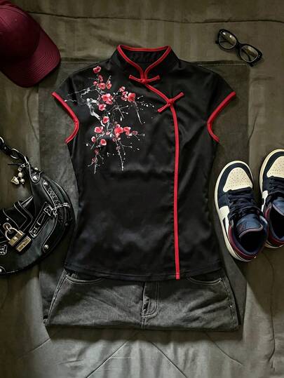 Jade & Ember New Chinese Style Modified Cheongsam Top, Black & Red Contrast Color, Plum Blossom Embroidery, Frog Button, Sleeveless T-Shirt, Daily Versatile Hot Girl Style