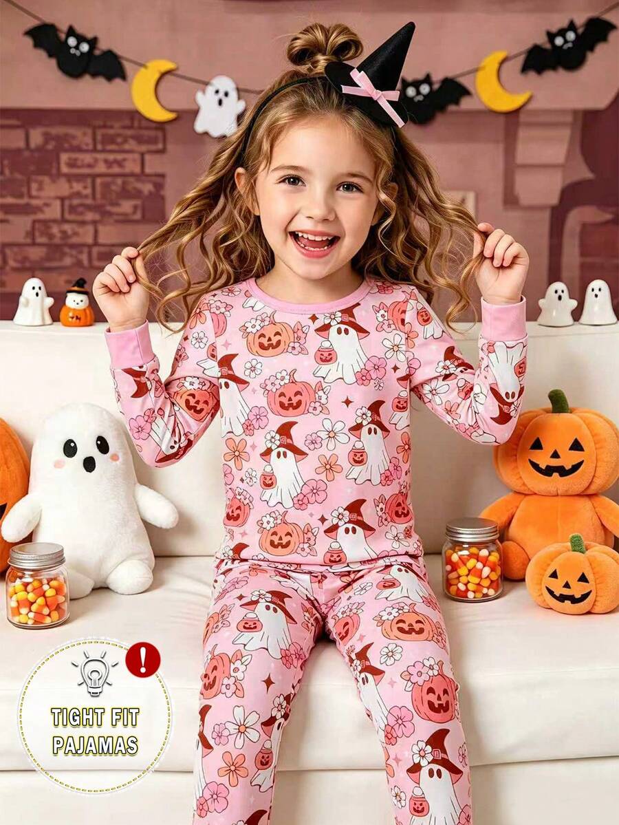 Girls Pumpkin Bow Print Long Sleeve Pants Snug Fit Halloween Style Loungewear Set Festival Outfits Winter Fall