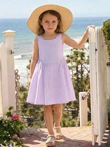Emery Rose Kids Emery Rose Kids 女孩編織黃色條紋休閒細肩帶洋裝 夏季海灘度假小洋裝 蝴蝶結設計 薰衣草色 假期穿搭 - 粉色 - 查看 4