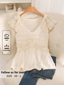 Story & Sage Casual Romantic Elegant Vacation Women's T-Shirt Spring Summer Slim Fit Knitted Jacquard Ruffle Sleeve Hemline Beige Tea Party Brunch Date Night - Apricot - View 2