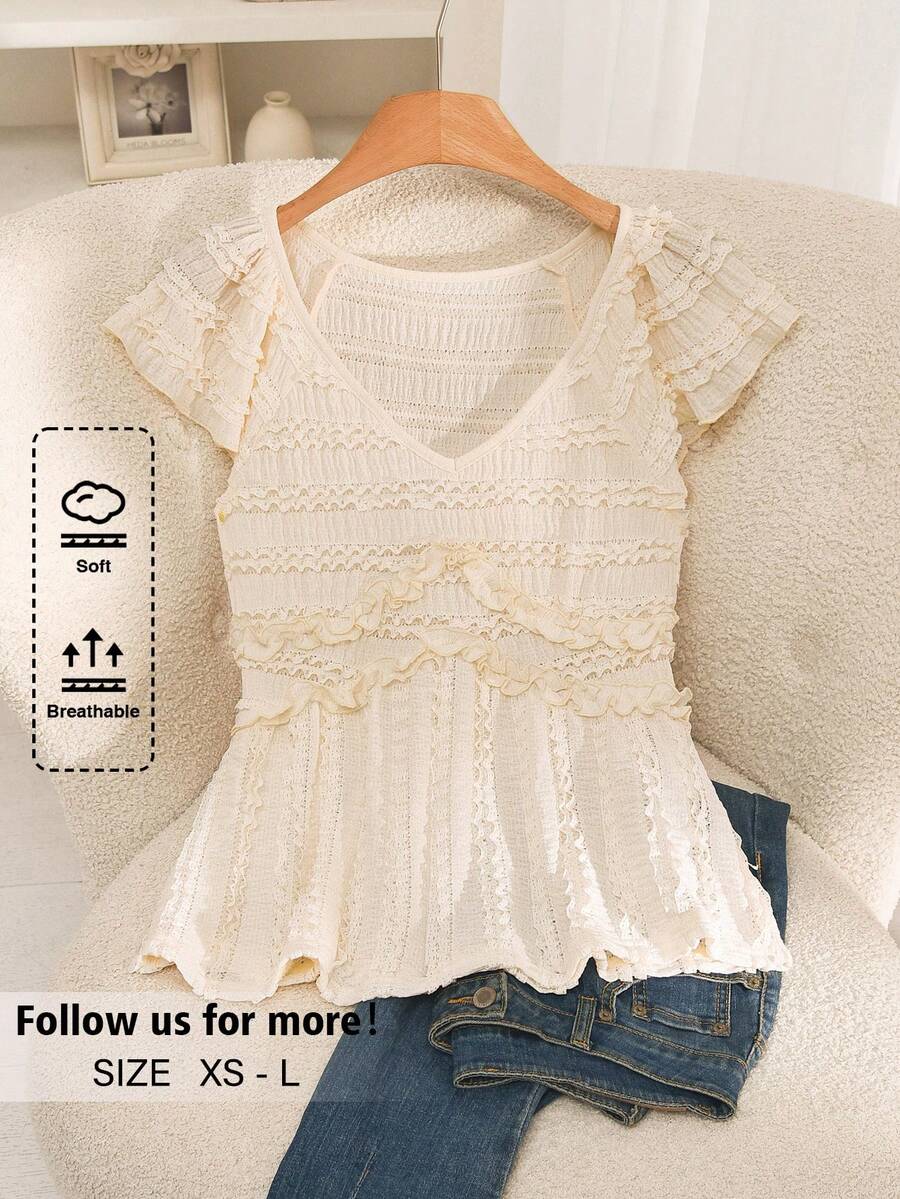 Story & Sage Casual Romantic Elegant Vacation Women's T-Shirt Spring Summer Slim Fit Knitted Jacquard Ruffle Sleeve Hemline Beige Tea Party Brunch Date Night