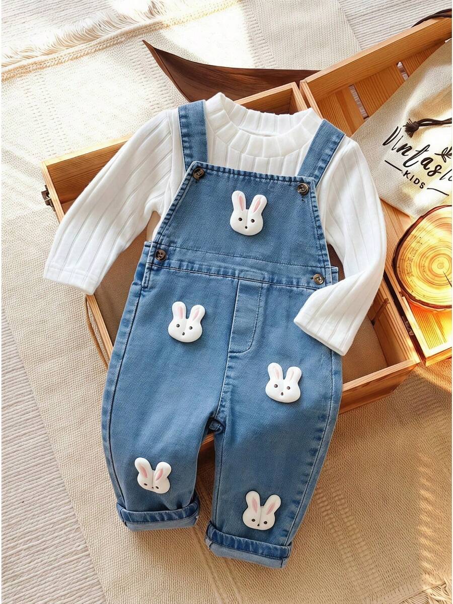 SHEIN Vintaside Kids 2pcs Baby Girl Spring/Autumn Cute Rabbit Outfit, White Ribbed Crew Neck Long Sleeve Bodysuit, Paired With Washed Denim Overall Pants, 3D Rabbit Patch - Blue - View 1