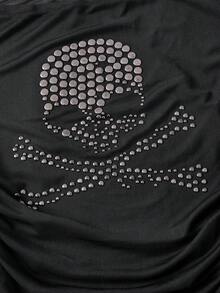 ROMWE Grunge Punk Women's Grey Purple Contrast Studded Skull Mesh T-Shirt Top, Thin & Sheer, Sexy Street Punk Style For Spring/Summer - Black - View 3